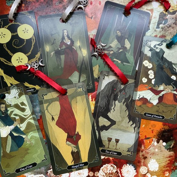 3 Randomly Selected Tarot Card Bookmarks Handmade Ribbon & Triple Goddess Charm - Picture 1 of 5
